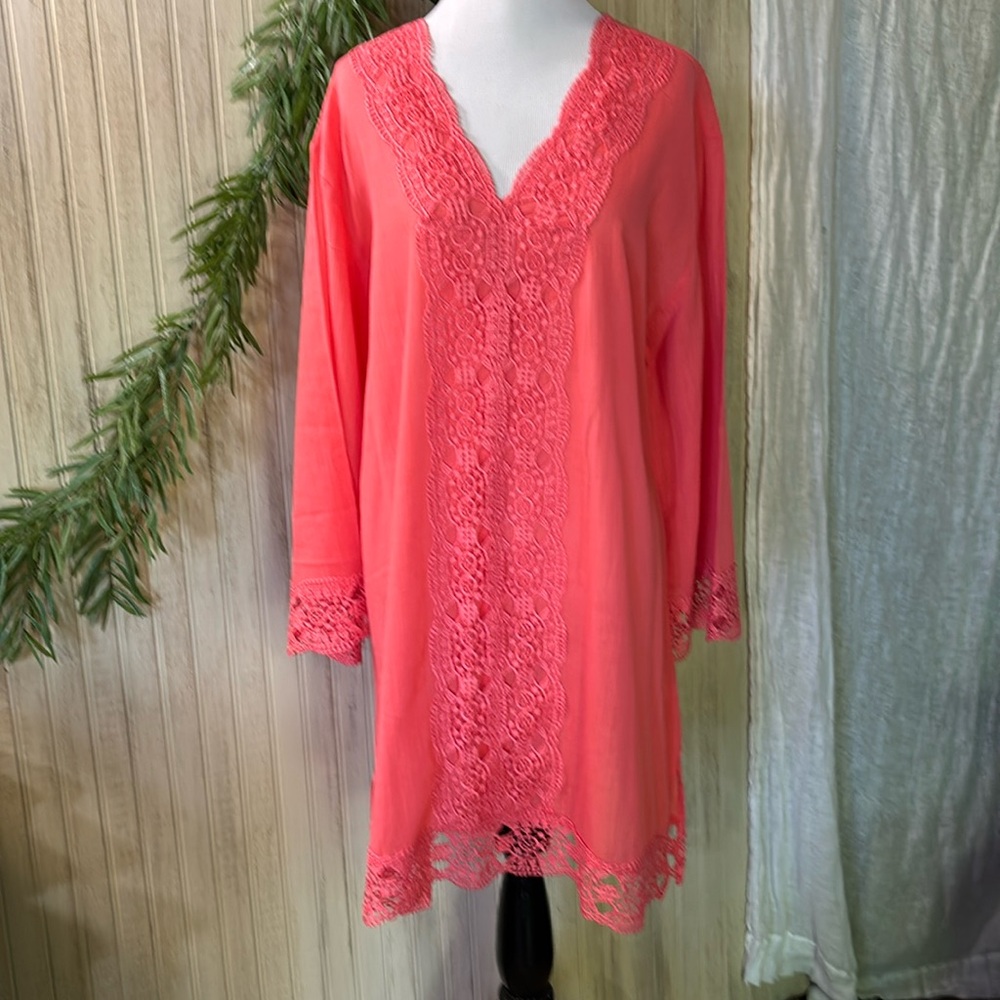 Isaac Mizrahi Tunic Coverup, Cotton Gauze, Embroidered Appliqué Large, NWOT